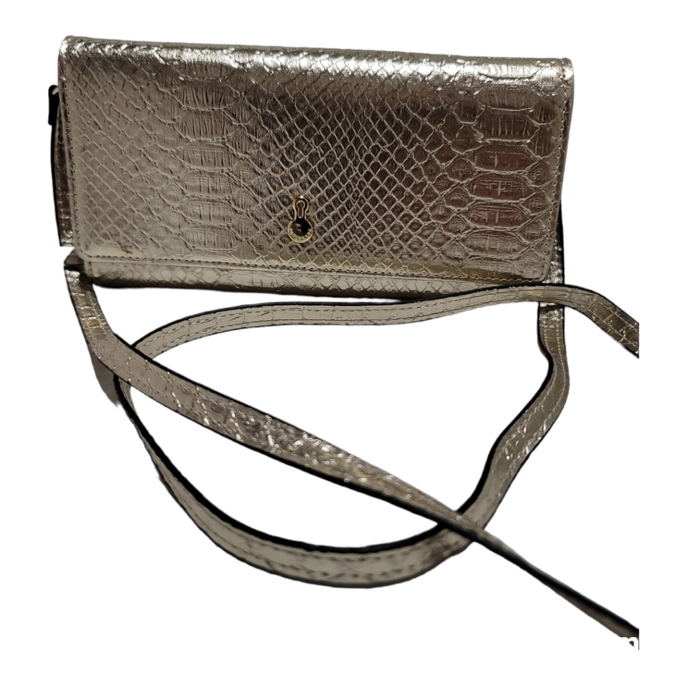 London Fog Metallic Silver/Gold Tri-fold Wallet with Crossbody Strap Snake